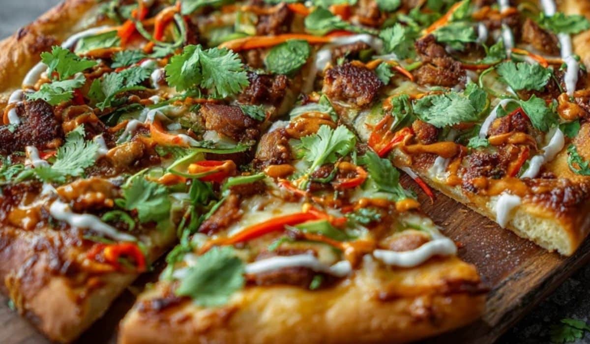 Báhn Mì Pizza served on wooden board with toppings and sauce