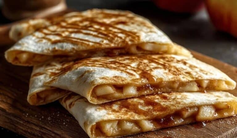 Apple Cinnamon Breakfast Quesadillas served on a rustic wooden board