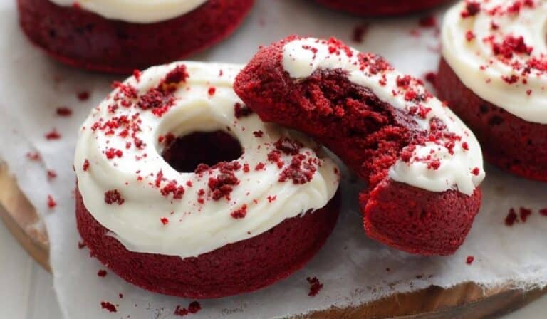 Baked Red Velvet Donuts served on a rustic dessert platter