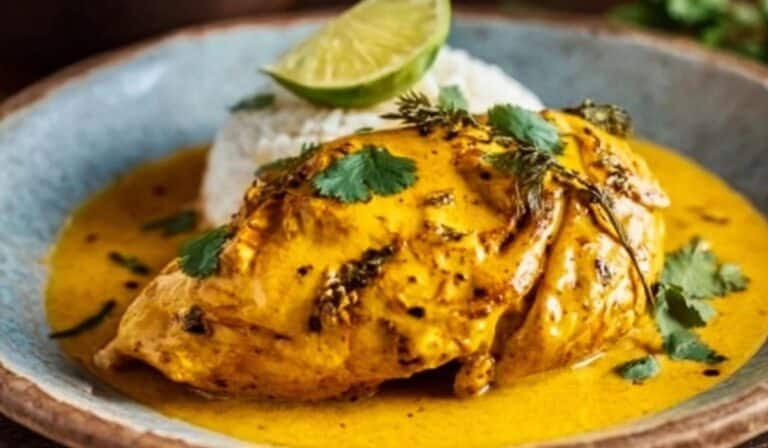 Churu Chicken Amarillo served with golden sauce on ceramic plate