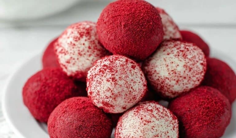 Featured No Bake Red Velvet Cake Balls served on a white plate