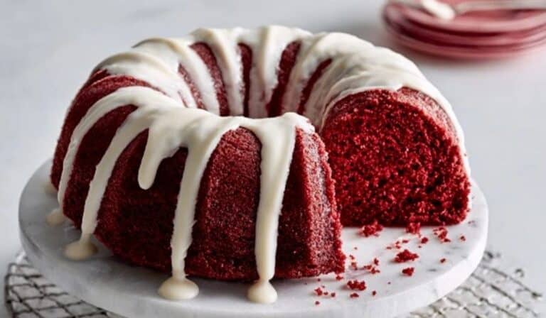 Red Velvet Bundt Cake on Marble Stand – Top Angle