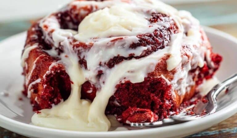 Red Velvet Cinnamon Roll served on white ceramic plate with cream cheese icing