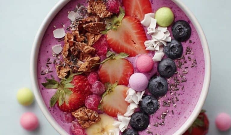 Aesthetic smoothie bowl spring edition topped with berries, granola, and flowers on a marble background
