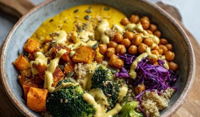 Anti-inflammatory golden turmeric bowl with quinoa, roasted vegetables, avocado, and tahini