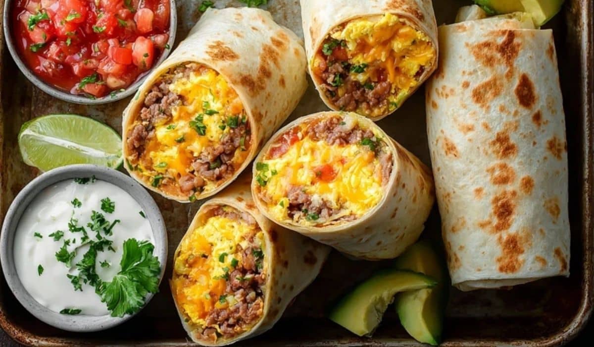 Breakfast burrito meal prep burritos on a sheet pan with salsa and limes