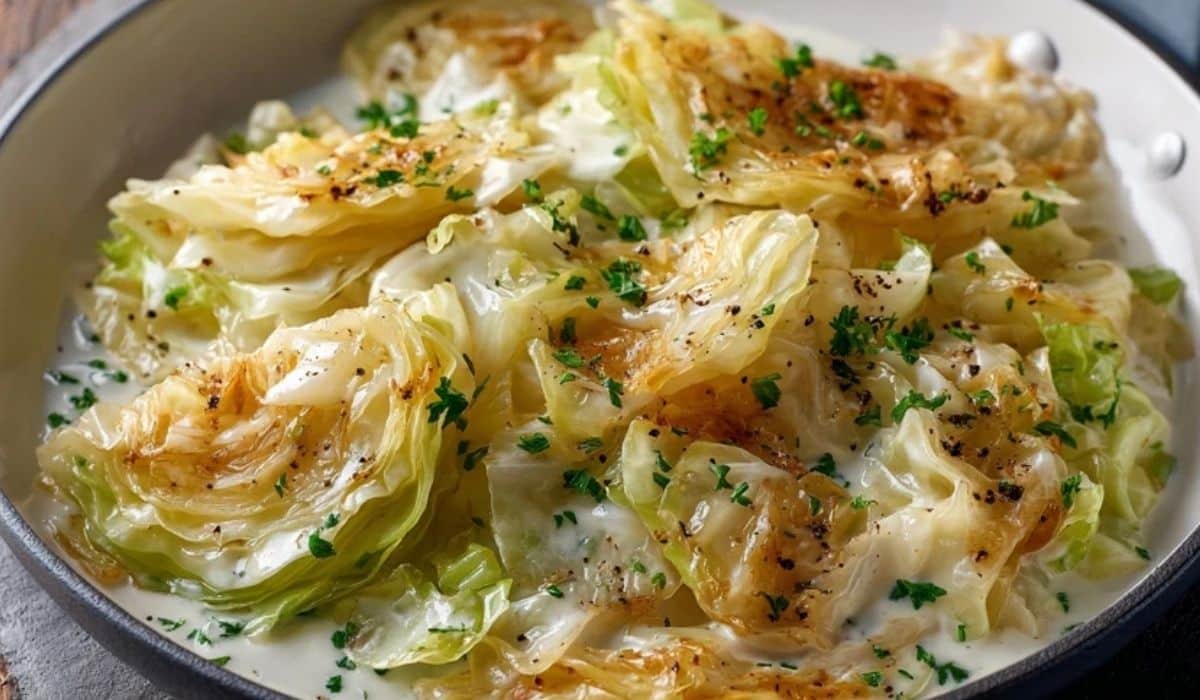 Butter-braised cabbage with garlic cream in a skillet with chives