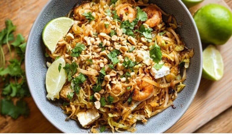 Cabbage pad thai noodle substitute in a bowl with chicken, peanuts, and lime