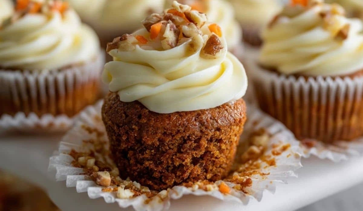 carrot cake cupcakes with frosting on a tray with cream cheese swirls