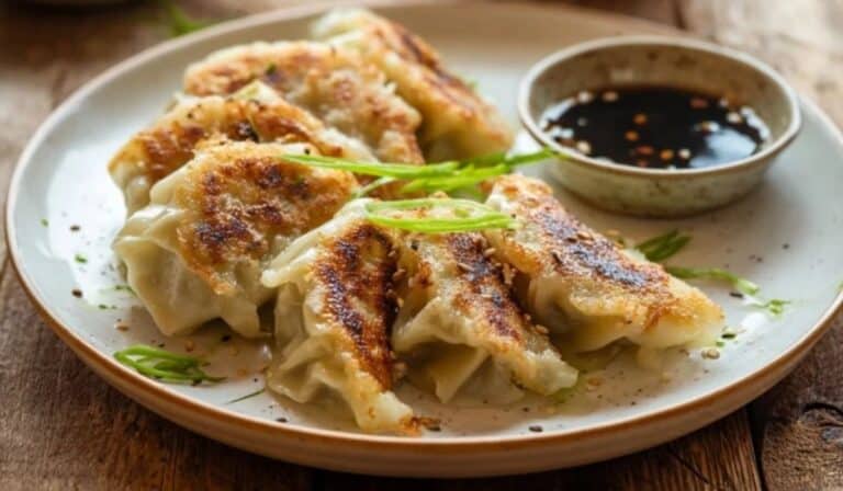 Chicken and cabbage dumplings with crispy bottoms and dipping sauce