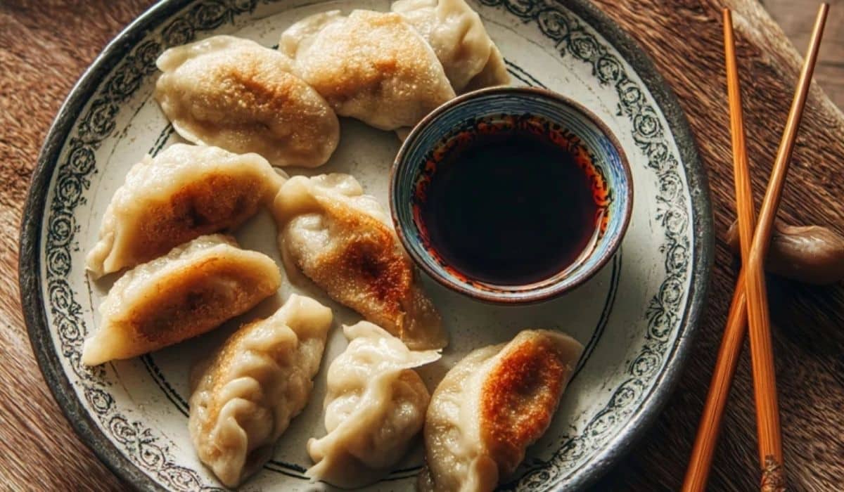 Plate of chicken and ginger cabbage dumplings with soy ginger dipping sauce