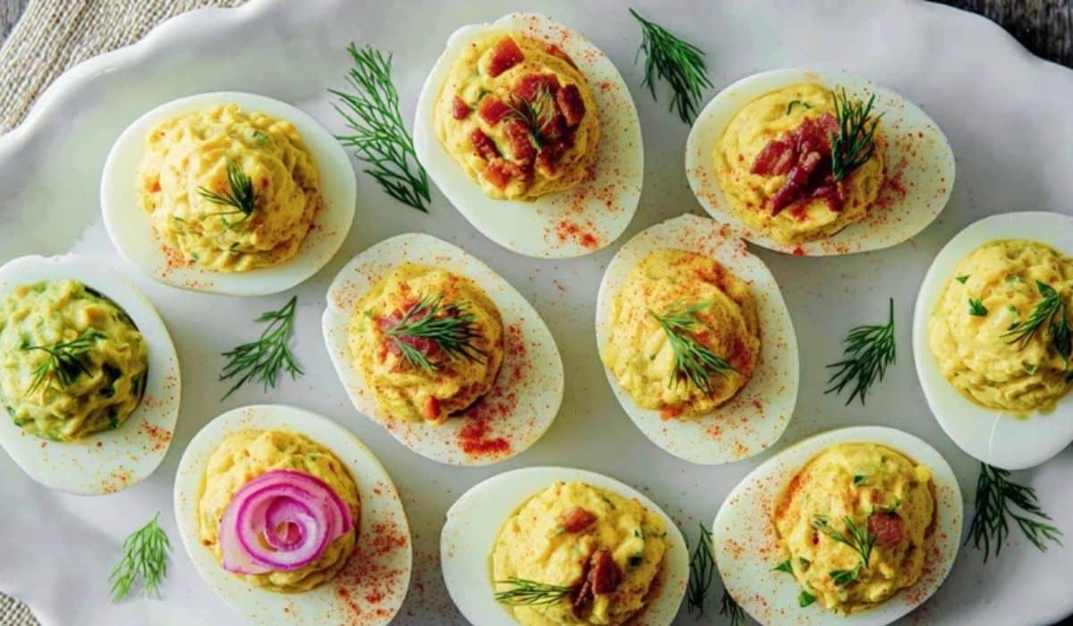 Classic deviled eggs 3 ways arranged on a party platter