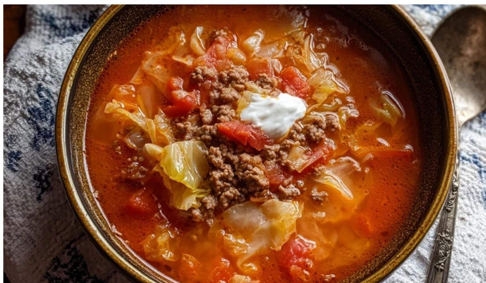Classic golumpki soup with ground beef in a Dutch oven with tomato broth and cabbage