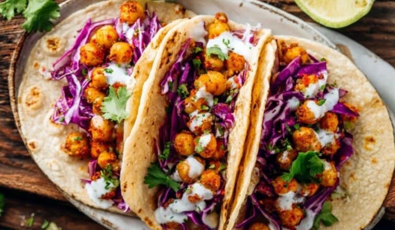 Crispy chickpea tacos under $2/serving on a platter with slaw and lime
