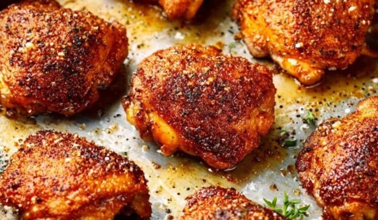 Crispy oven baked chicken thighs on a sheet pan with golden skin