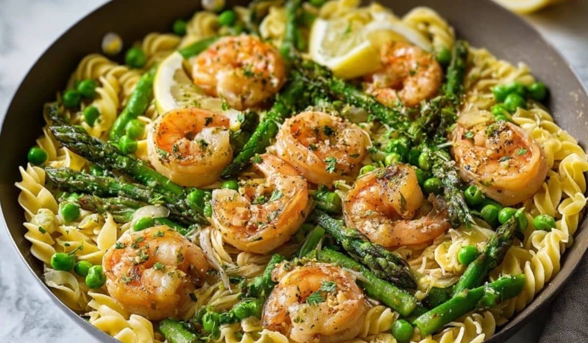 Garlic butter shrimp spring pasta in skillet with asparagus, peas, and lemon.