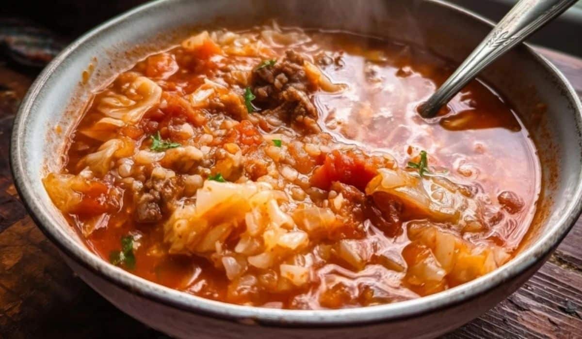 Golumpki soup unstuffed in a ceramic bowl with beef, cabbage, rice, and tomato broth