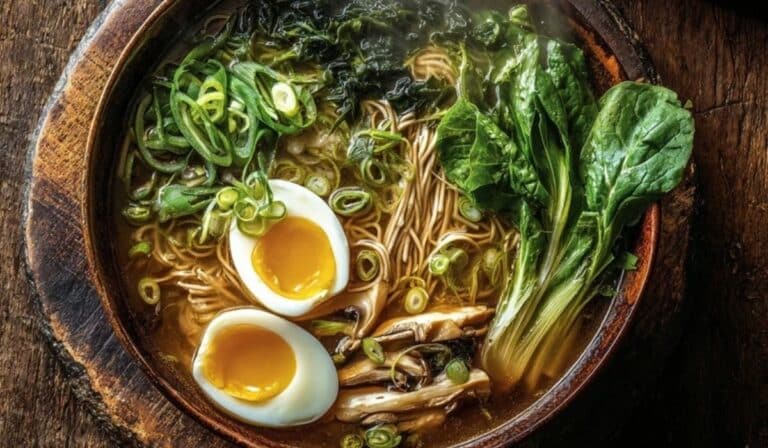 Gut-healing bone broth ramen with egg, bok choy, and noodles in a rustic bowl.