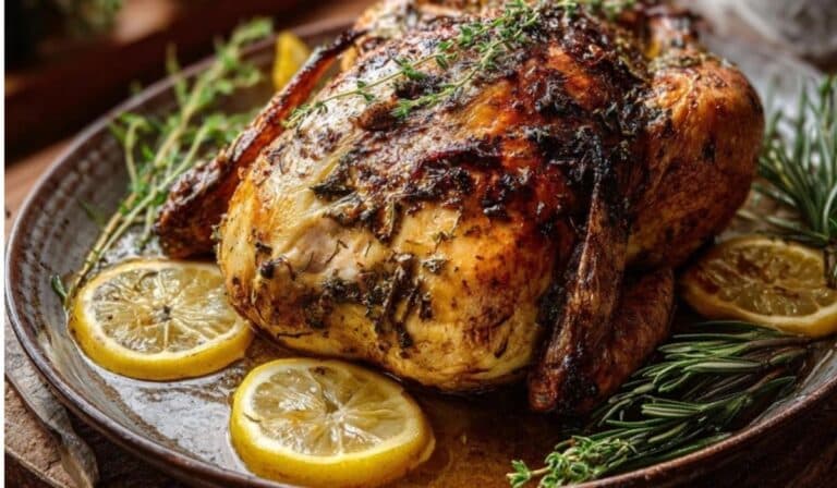 Herb roast chicken on a platter with lemon and fresh herbs
