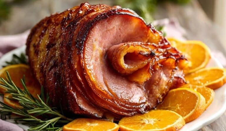 : Honey-glazed spiral ham on a platter with orange slices and rosemary