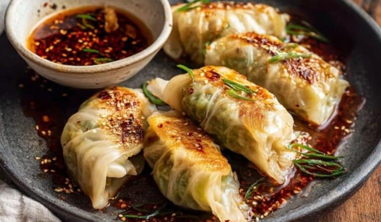 Korean-style cabbage rolls with chili oil in a rustic dish with glossy chili drizzle