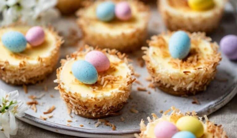 Lemon cheesecake Easter nests topped with toasted coconut and candy eggs