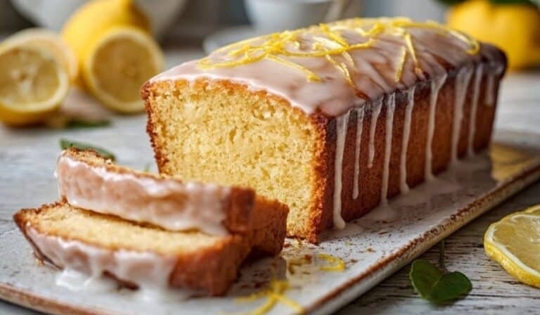 Lemon drizzle loaf cake sliced with glossy icing on a platter