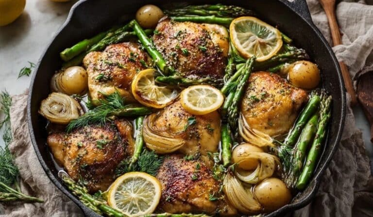 Lemon herb spring chicken in a skillet with asparagus and peas