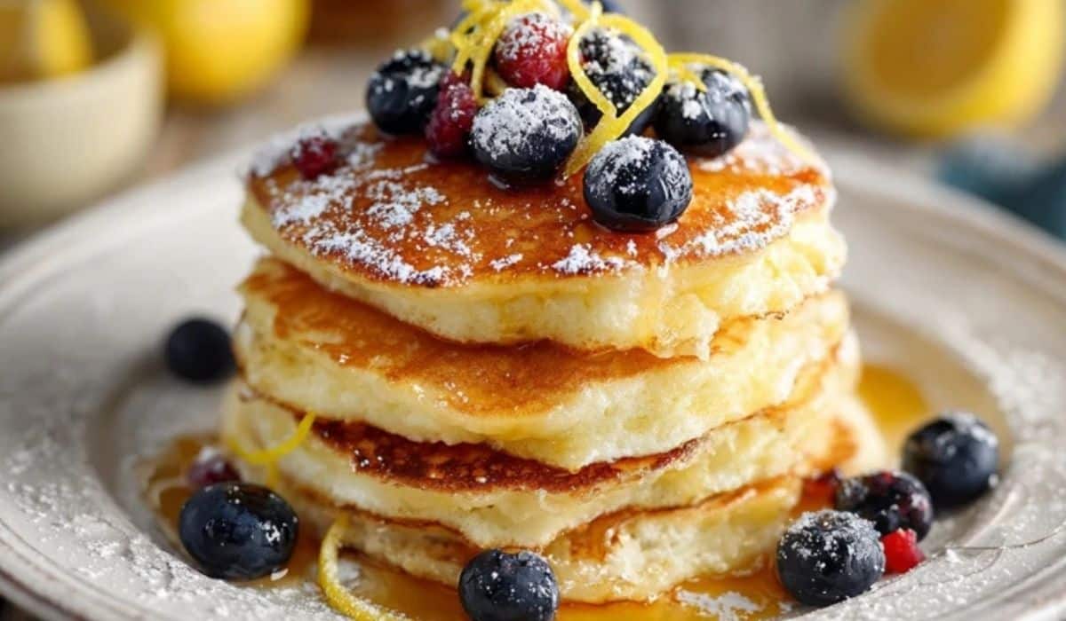 Fluffy lemon ricotta pancakes stacked with blueberries, lemon zest, and maple syrup