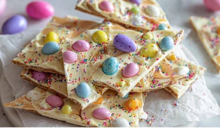 No-bake Easter bark with pastel candies and sprinkles on parchment