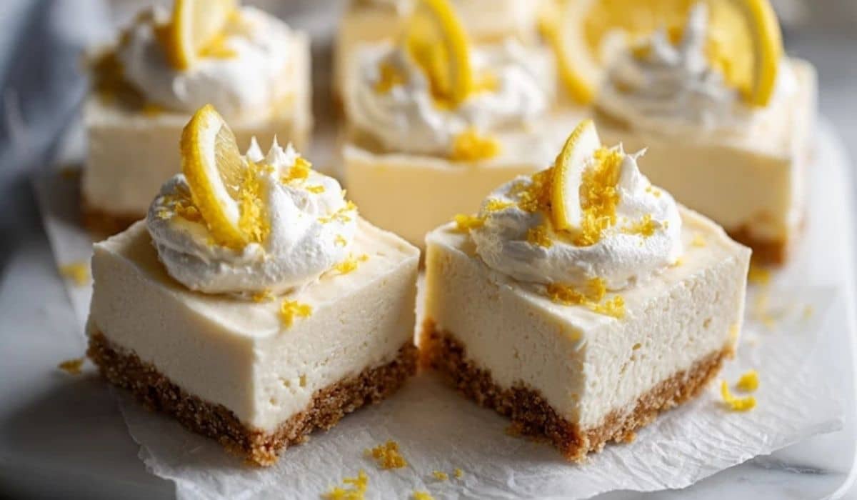 No-bake lemon cheesecake bars sliced and topped with lemon zest