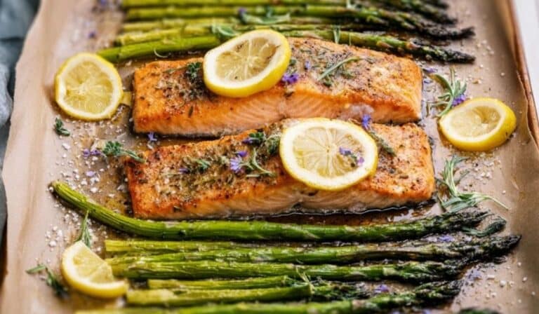 one-pan salmon with asparagus, sheet pan salmon and asparagus, salmon asparagus dinner, lemon garlic salmon