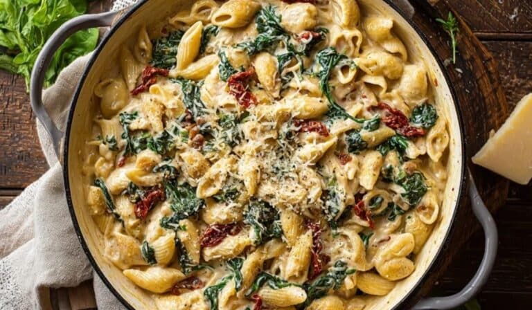 One-pot creamy Tuscan pasta in a white skillet with spinach and sun-dried tomatoes