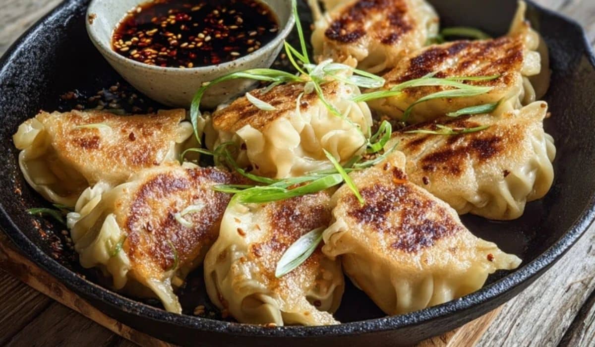 Pan-fried cabbage dumplings with crispy bottoms in a skillet