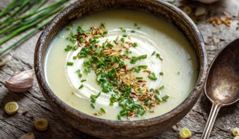 Prebiotic garlic and leek soup in a rustic bowl with yogurt and seeds
