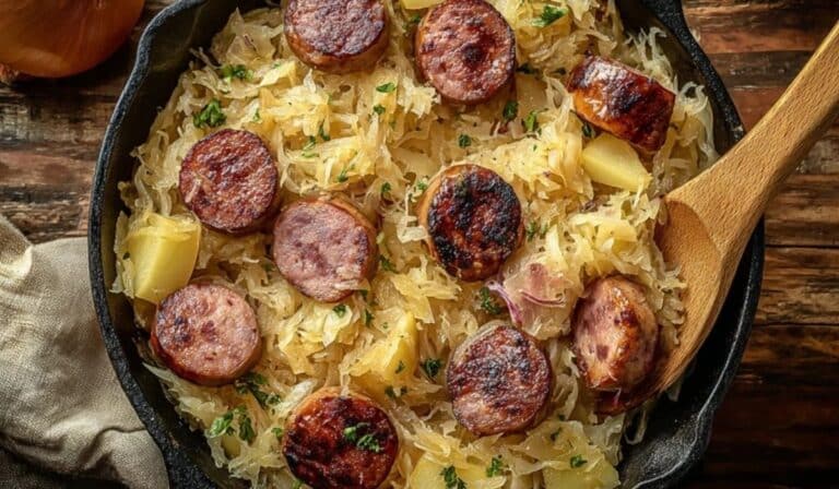 Sauerkraut and sausage skillet in a cast iron pan with browned kielbasa and onions