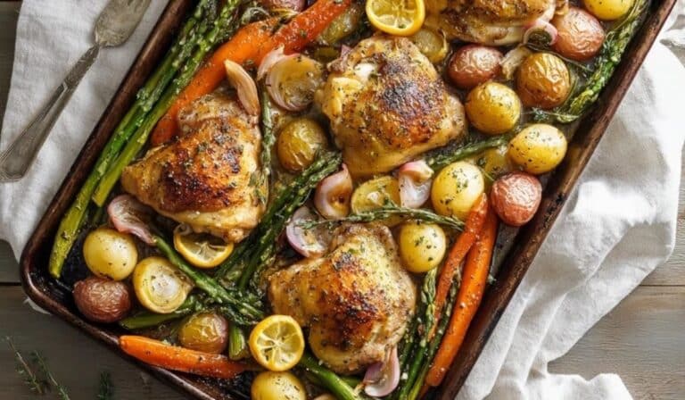 Sheet-pan Easter chicken thighs with potatoes, carrots, and asparagus on a tray