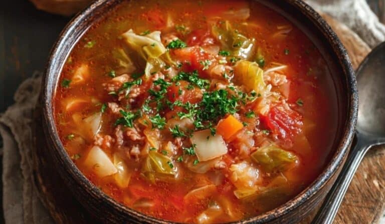 Cozy bowl of slow cooker golumpki soup with cabbage, beef, and rice in tomato broth.