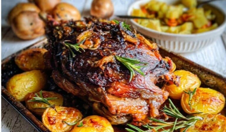 Slow-roasted lamb with rosemary on a roasting pan with potatoes