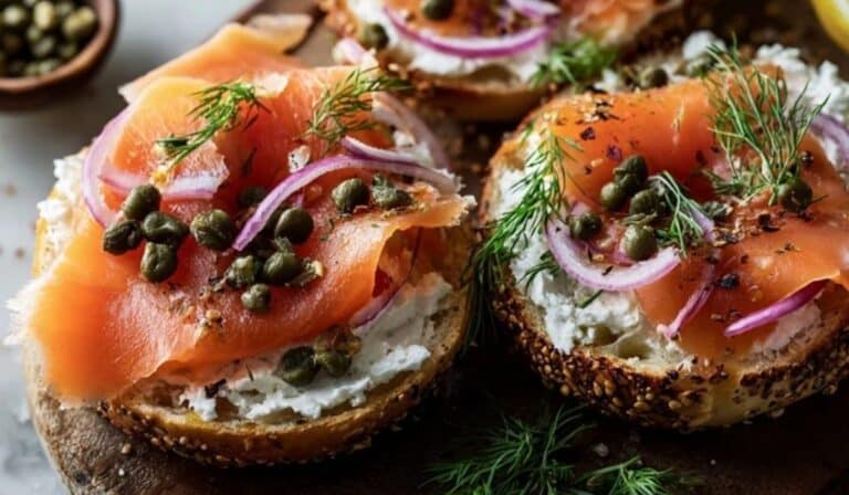 Smoked salmon and cream cheese bagels on a wooden board with capers, dill and lemon wedges