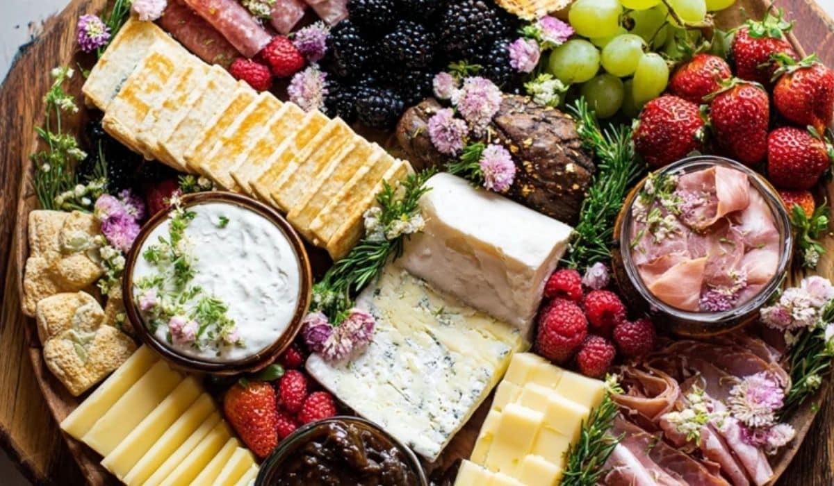 Spring charcuterie board ideas with colorful fruits, cheeses, and meats on a wooden board