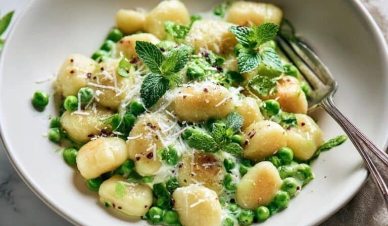 Spring gnocchi with peas and ricotta served in a white bowl with herbs
