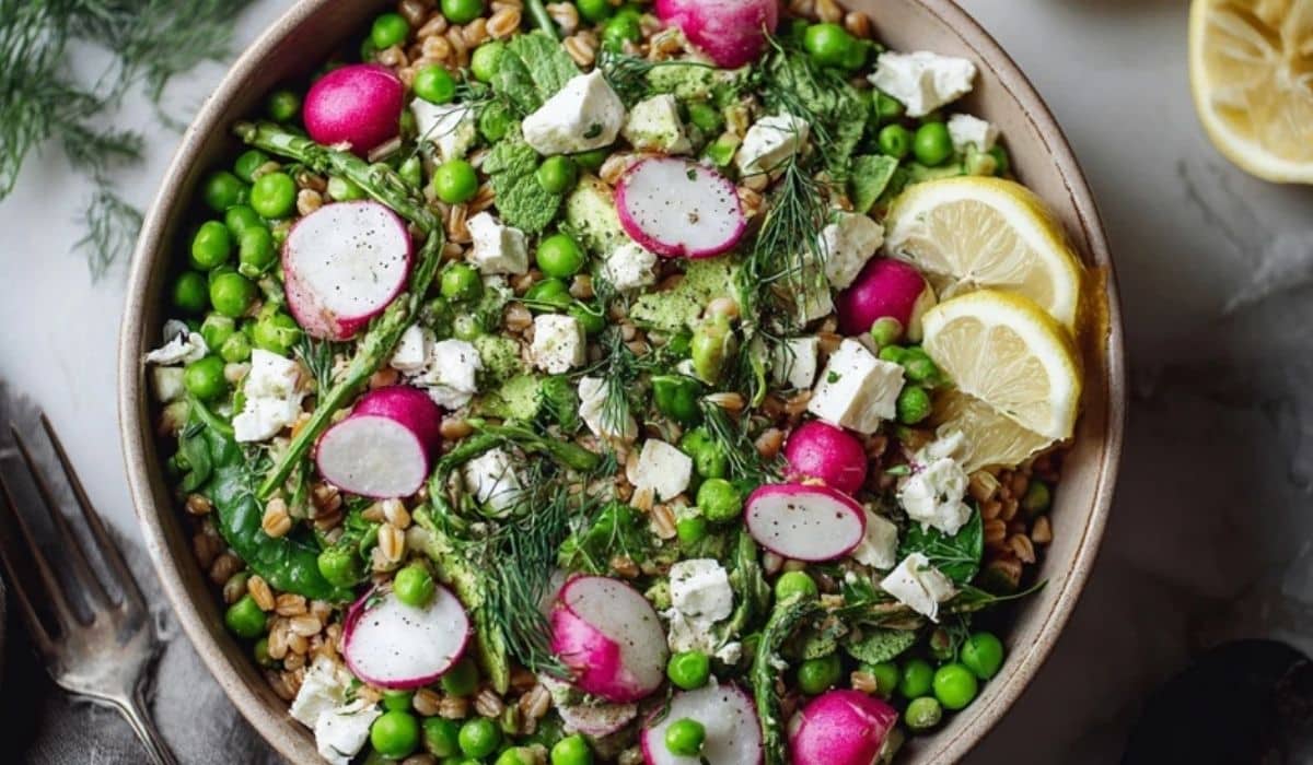 spring pea and radish grain bowl with farro and greens in a serving bowl