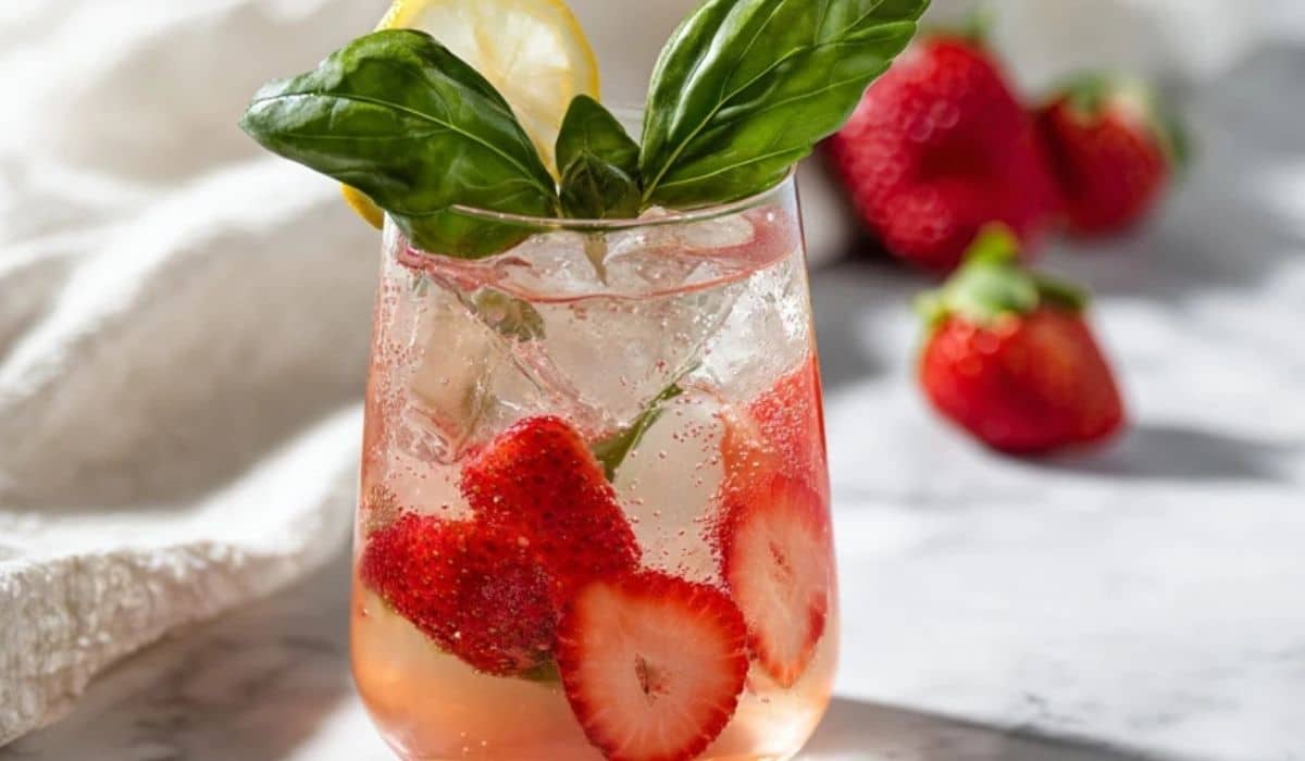 Strawberry basil spring mocktail in a tall glass with ice and fresh basil