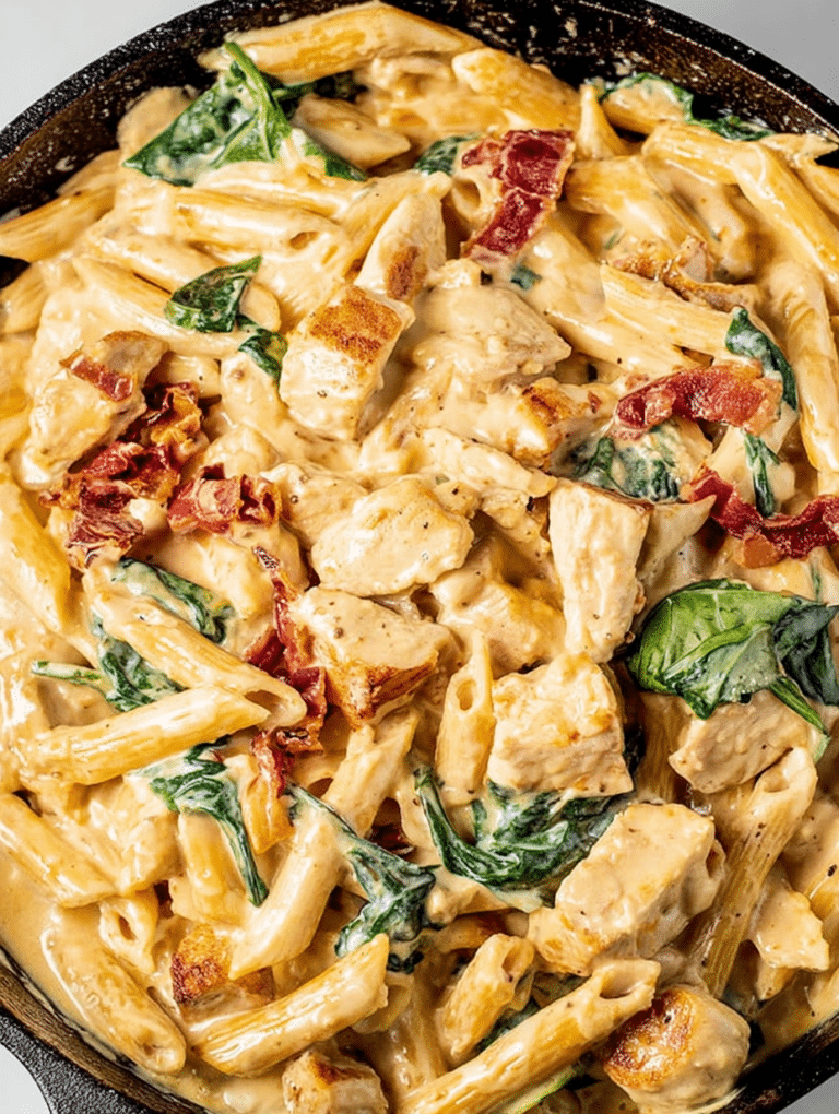 Close-up of creamy Tuscan chicken pasta with spinach and Parmesan cheese in a white bowl.